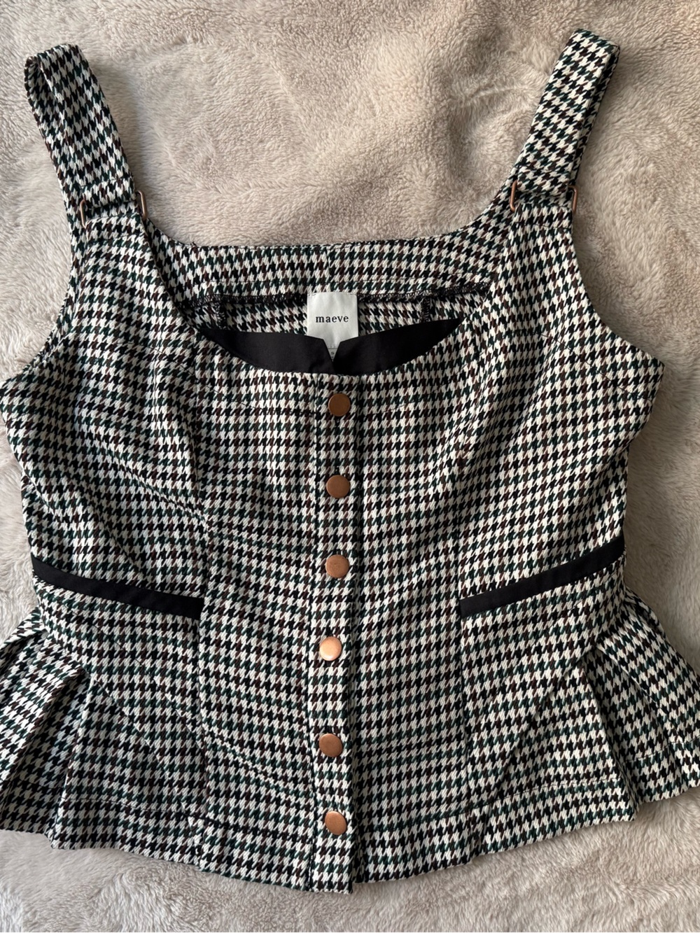 Anthropologie Black and White Houndstooth Button-Front Cropped Top - Picture 2 of 12